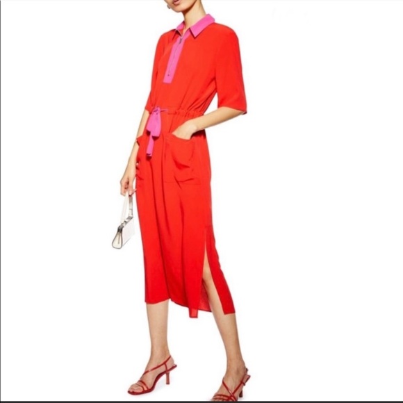 TOPSHOP Collar Shirt Dress in a Red and Pink. Tie waist midi length. - Picture 1 of 4